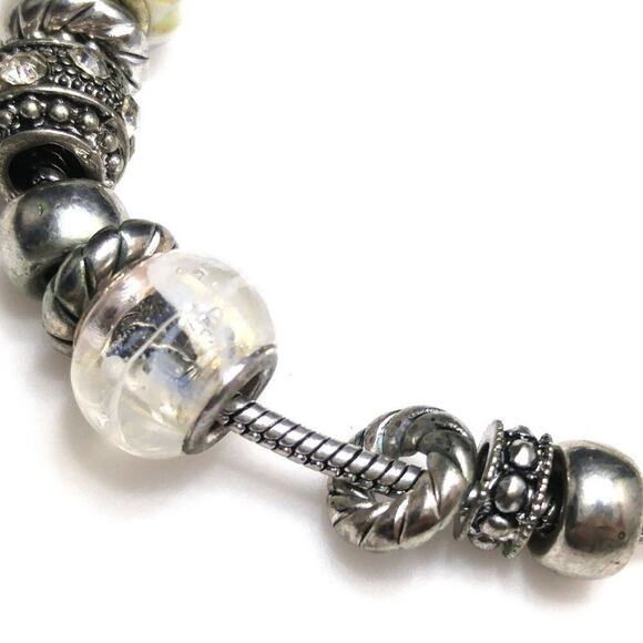 Beaded Silver Tone Rhinestone Snake Chain Bracelet, Heart Clasp, 8 1/2 Inches - Picture 5 of 8